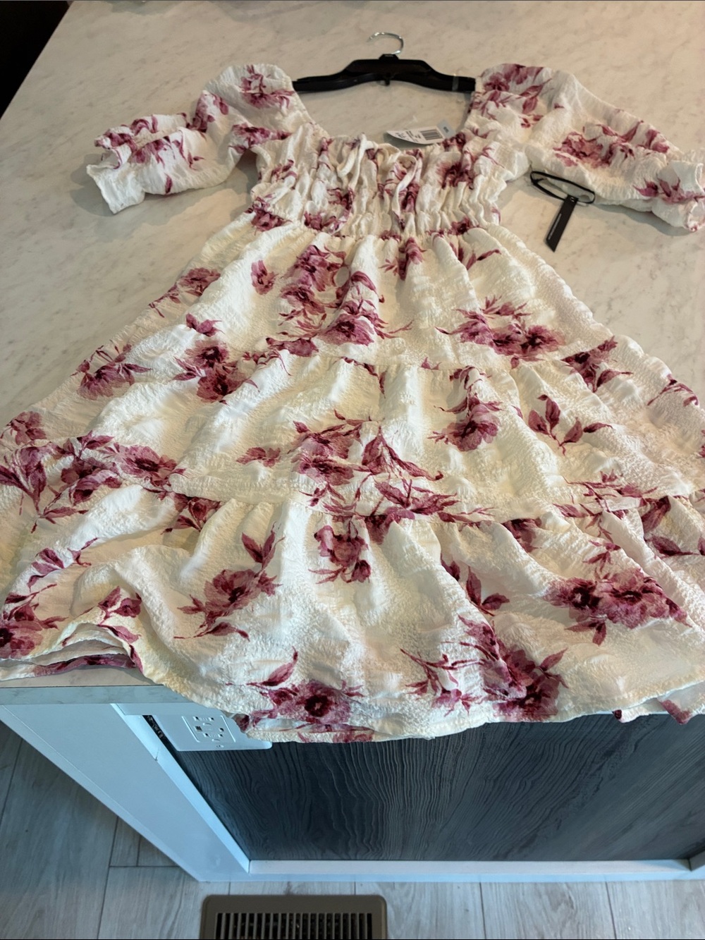 Girls White Floral Smocked Tiered Dress in Rose Pink Accents